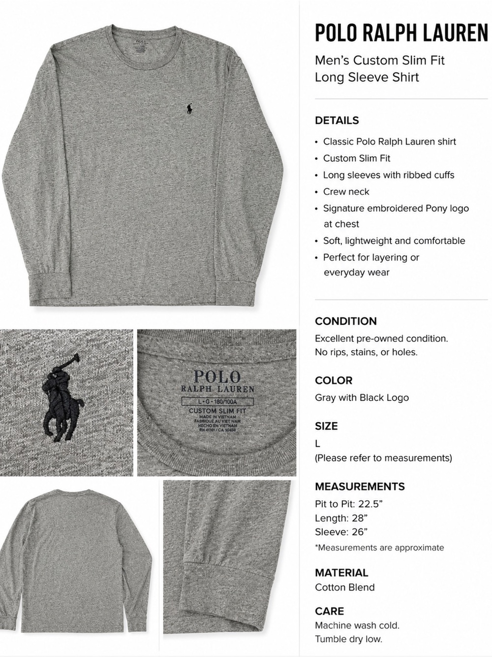 Polo Ralph Lauren Men's Gray Long Sleeve Custom Slim Fit Crewneck T-Shirt